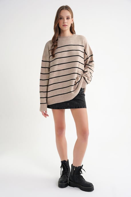Gestreifter Crew Neck Relaxed Strickpullover - Image 2