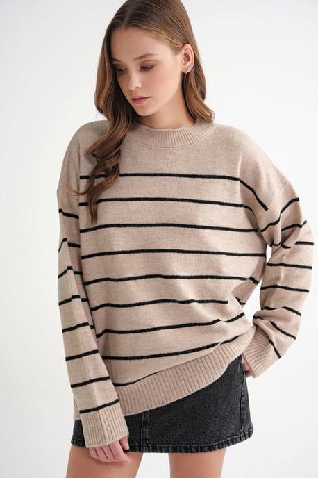 Gestreifter Crew Neck Relaxed Strickpullover - Image 3