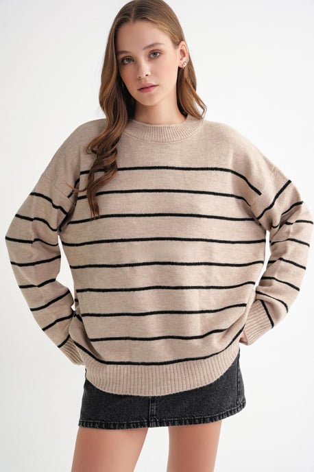 Gestreifter Crew Neck Relaxed Strickpullover - Image 4