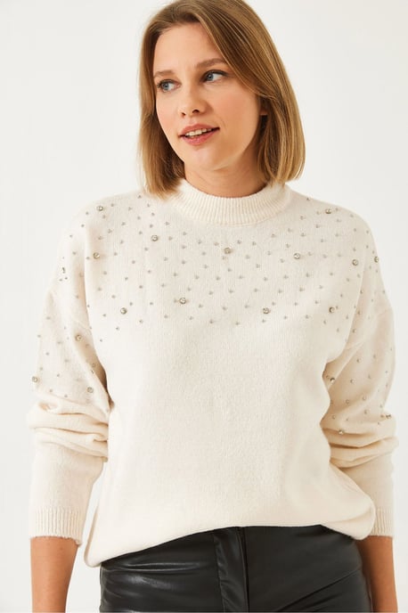 Strukturierter bestickter Rundhalsausschnitt-Pullover - Image 2