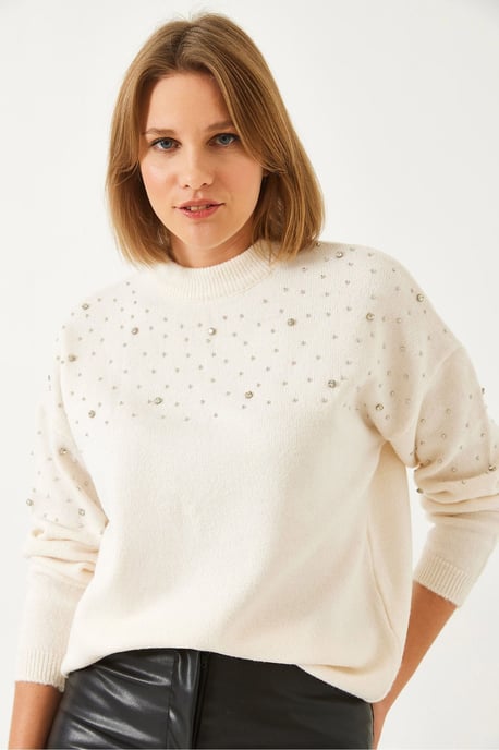 Strukturierter bestickter Rundhalsausschnitt-Pullover - Image 3