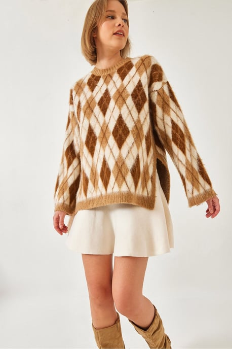 Crewneck Strickpullover mit Schlitz im Baklava-Muster - Image 1