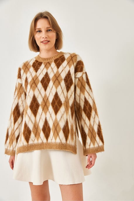 Crewneck Strickpullover mit Schlitz im Baklava-Muster - Image 2