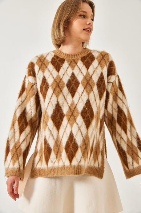 Crewneck Strickpullover mit Schlitz im Baklava-Muster - Image 3
