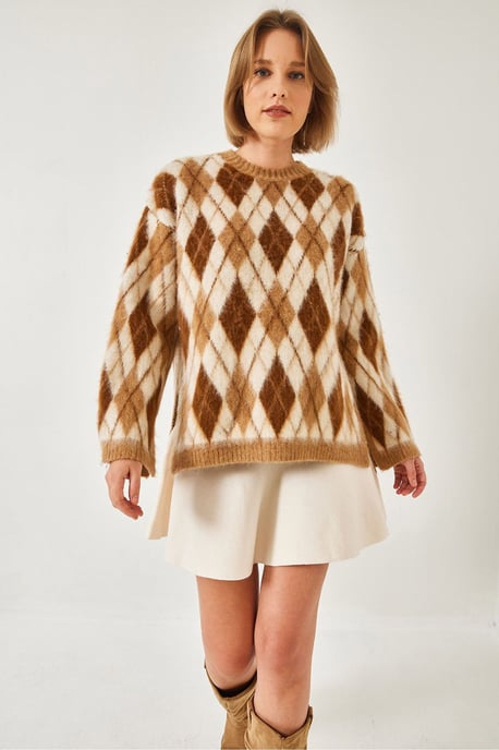 Crewneck Strickpullover mit Schlitz im Baklava-Muster - Image 4