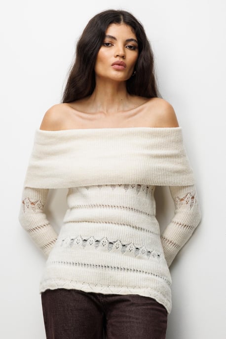 Off-Shoulder Strukturierter Rippstrickpullover mit Ausschnittdetails - Image 1