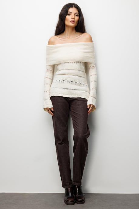 Off-Shoulder Strukturierter Rippstrickpullover mit Ausschnittdetails - Image 2