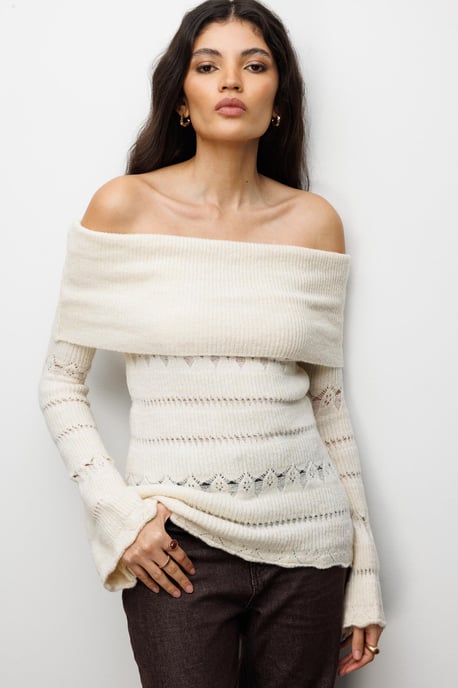 Off-Shoulder Strukturierter Rippstrickpullover mit Ausschnittdetails - Image 3