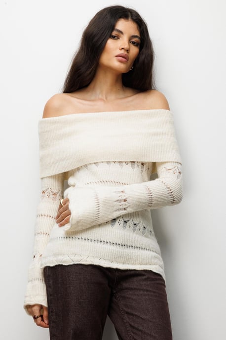 Off-Shoulder Strukturierter Rippstrickpullover mit Ausschnittdetails - Image 4