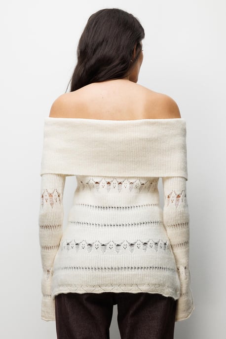 Off-Shoulder Strukturierter Rippstrickpullover mit Ausschnittdetails - Image 5