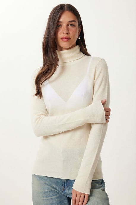 Schlankes Turtleneck Langarm Transparente Bluse - Image 3