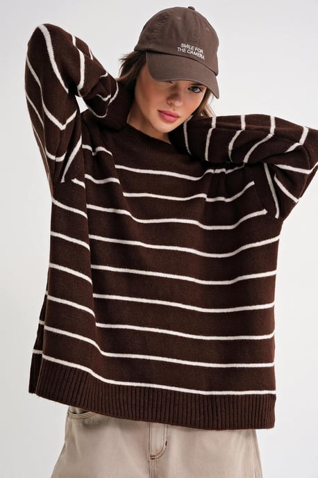 Gestreifter Rundhals-Lockerer Strickpullover - Image 1