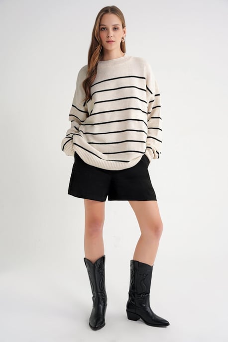 Gestreifter Rundhals Relaxed Strickpullover - Image 2