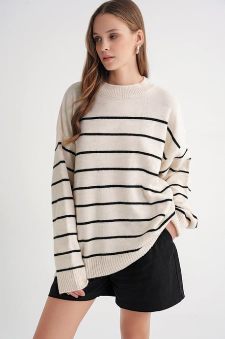Gestreifter Rundhals Relaxed Strickpullover - Image 3