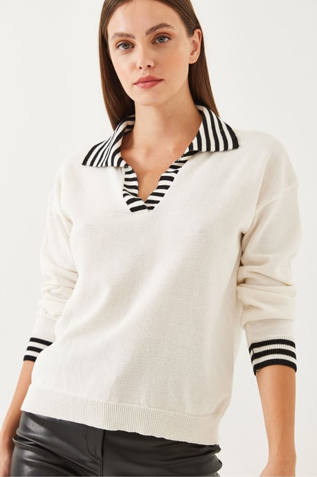 Gestreifter Strickpullover mit Hemdkragen - Image 2