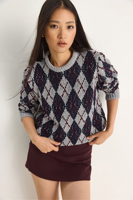 Damen Pullover mit Rundhalsausschnitt und Rautenmuster - Image 4