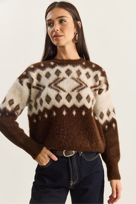 Ethnisches Muster Dickstrickpullover mit Rundhalsausschnitt - Image 1