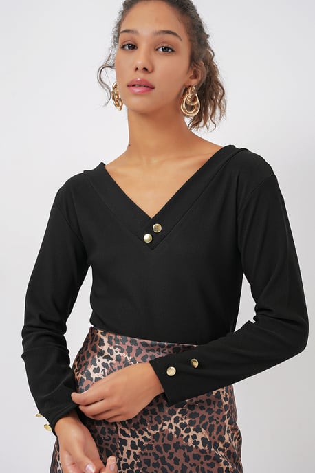 Strukturiertes Strick-V-Ausschnitt Langarm-Bodysuit mit Druckknopfverschluss - Image 1