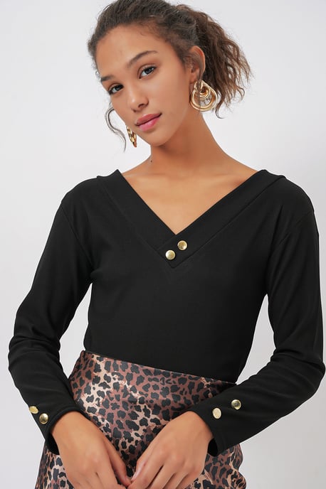 Strukturiertes Strick-V-Ausschnitt Langarm-Bodysuit mit Druckknopfverschluss - Image 4