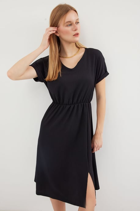 Strukturiertes V-Ausschnitt Midi-Strickkleid mit Schlitz - Image 1