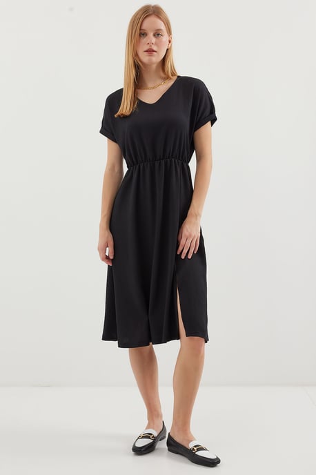 Strukturiertes V-Ausschnitt Midi-Strickkleid mit Schlitz - Image 2