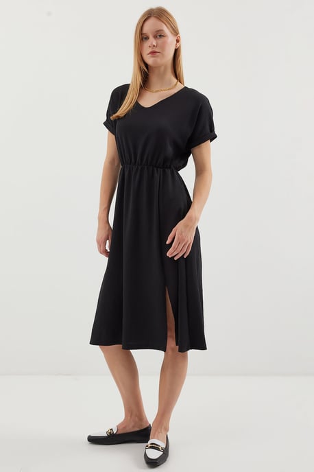 Strukturiertes V-Ausschnitt Midi-Strickkleid mit Schlitz - Image 3