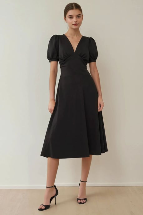 V-Ausschnitt Puffärmeln A-Linien Crepe Midi Kleid - Image 2