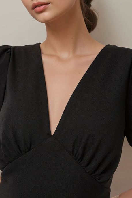 V-Ausschnitt Puffärmeln A-Linien Crepe Midi Kleid - Image 3