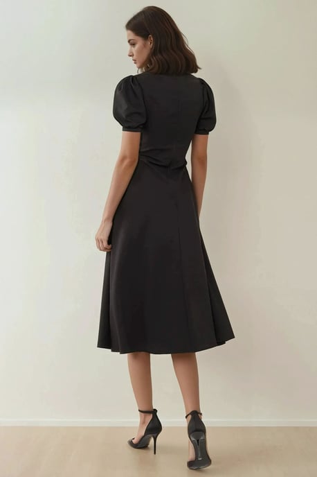 V-Ausschnitt Puffärmeln A-Linien Crepe Midi Kleid - Image 4