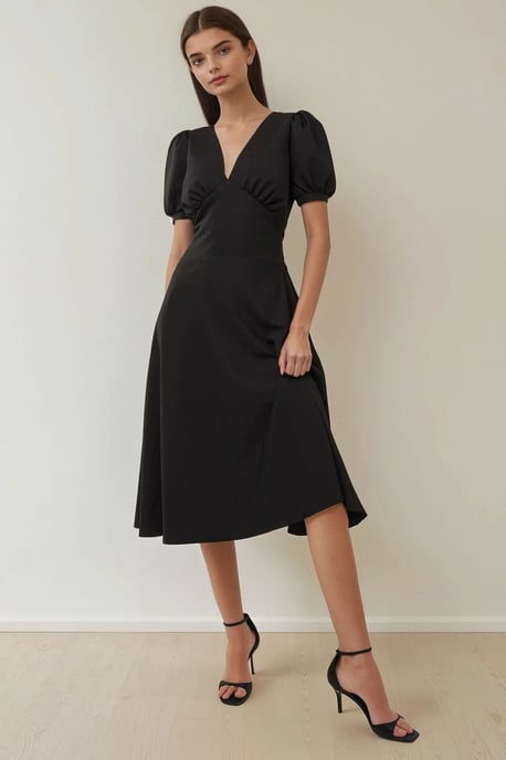 V-Ausschnitt Puffärmeln A-Linien Crepe Midi Kleid - Image 5