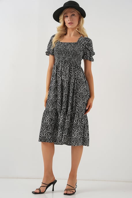 Blumenkleid mit Quadratkragen und Bindegurt in Midi-Länge - Image 3