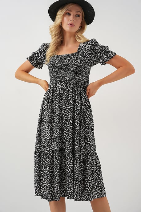 Blumenkleid mit Quadratkragen und Bindegurt in Midi-Länge - Image 5