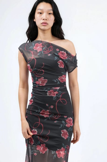 Asymmetrisches Kragen Blumen-Midi-Kleid - Image 2