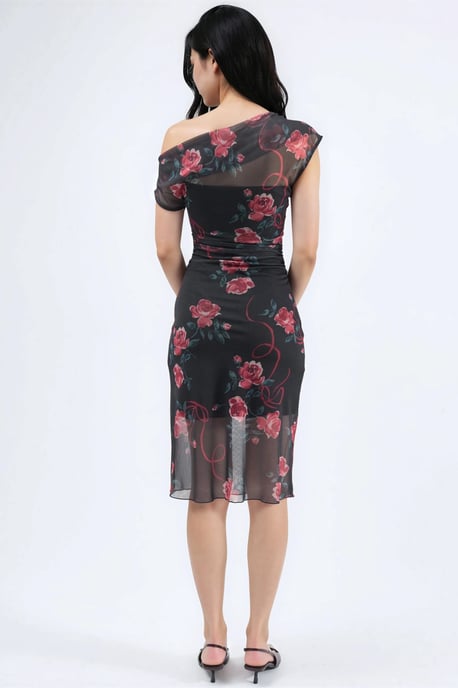 Asymmetrisches Kragen Blumen-Midi-Kleid - Image 3