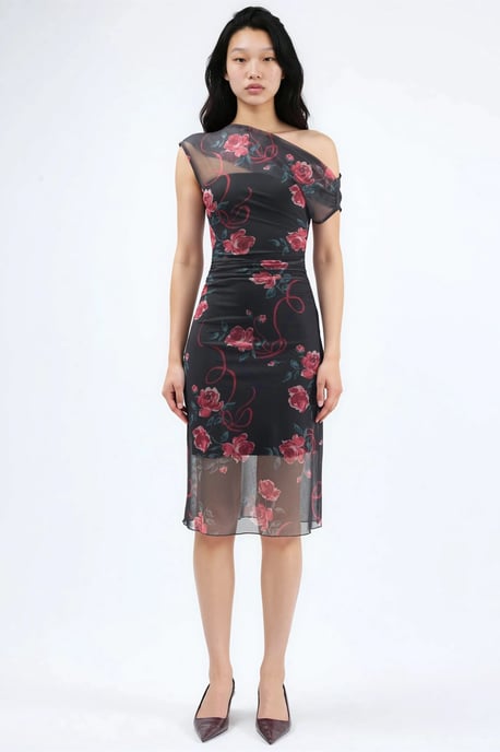 Asymmetrisches Kragen Blumen-Midi-Kleid - Image 6