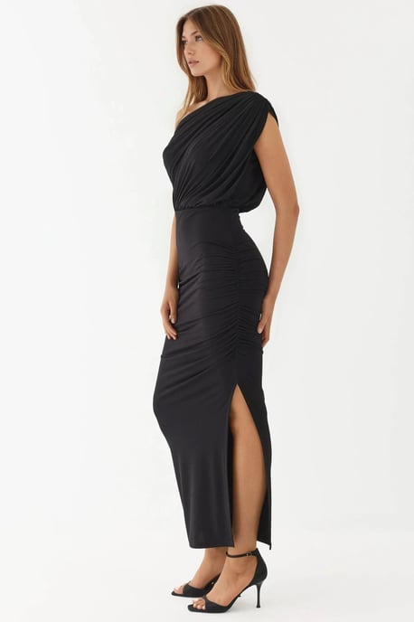 Schlitz-Detailliertes asymmetrisches Kragen-Elastisches Midi-Wickelkleid - Image 2