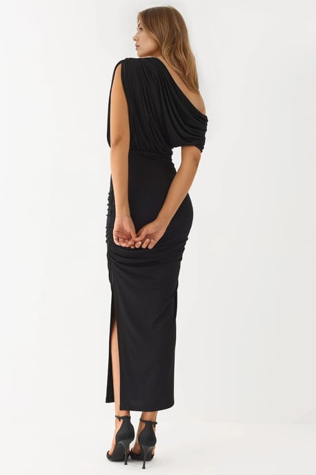 Schlitz-Detailliertes asymmetrisches Kragen-Elastisches Midi-Wickelkleid - Image 3
