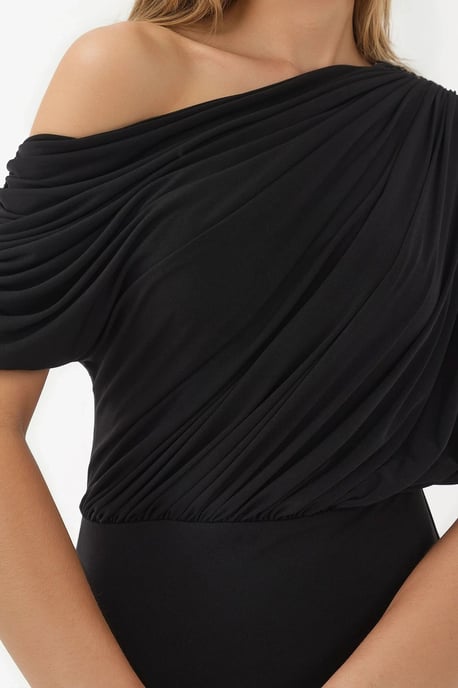 Schlitz-Detailliertes asymmetrisches Kragen-Elastisches Midi-Wickelkleid - Image 4