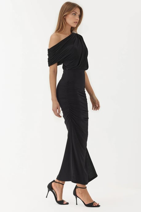 Schlitz-Detailliertes asymmetrisches Kragen-Elastisches Midi-Wickelkleid - Image 5