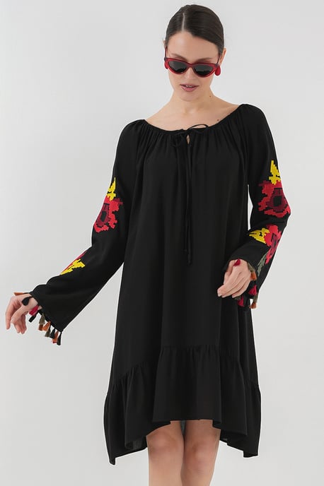 Gesticktes Midikleid mit Rüsche und Bindeschluss - Image 1