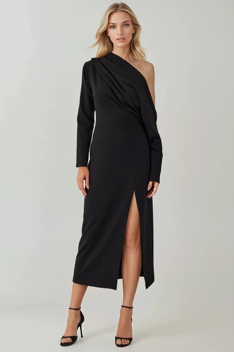 Asymmetrisches Kragen-Midikleid mit Schlitz - Image 1