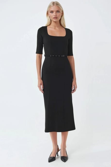 Gürtel-Midikleid mit quadratischem Kragen - Image 5