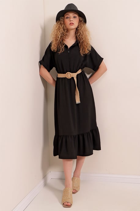 Texturiertes Midikleid mit Gürtel und Hemdkragen - Image 2