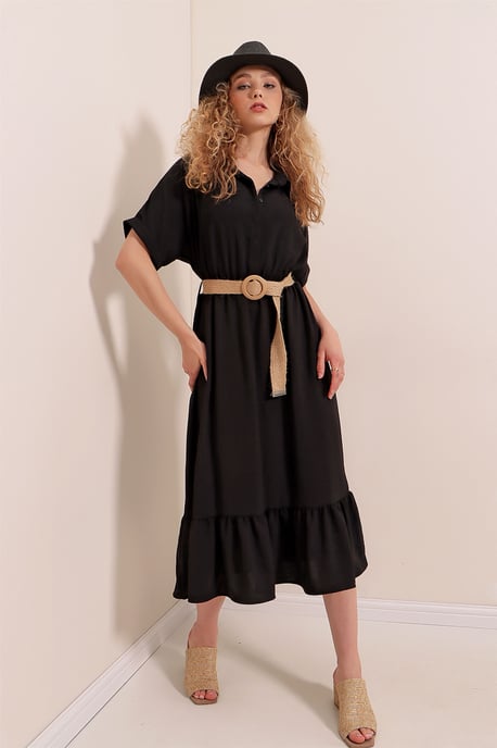 Texturiertes Midikleid mit Gürtel und Hemdkragen - Image 3