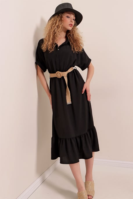Texturiertes Midikleid mit Gürtel und Hemdkragen - Image 4