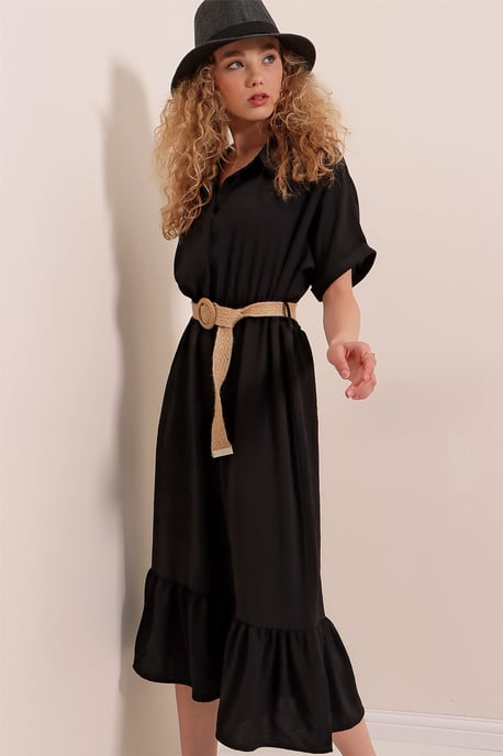 Texturiertes Midikleid mit Gürtel und Hemdkragen - Image 5