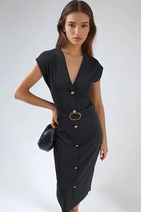 Gürtel-Midi-Kleid mit V-Ausschnitt - Image 1