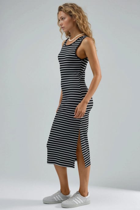 Gestreiftes Figurbetontes Midi-Kleid mit Rundhalsausschnitt - Image 2
