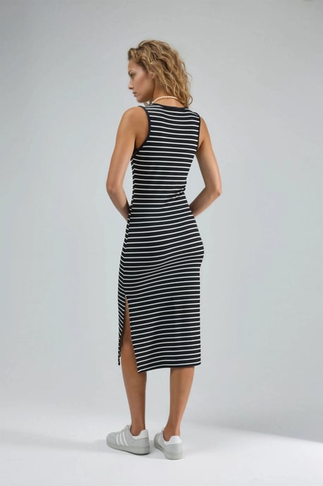 Gestreiftes Figurbetontes Midi-Kleid mit Rundhalsausschnitt - Image 3