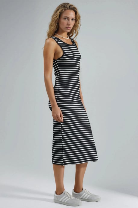 Gestreiftes Figurbetontes Midi-Kleid mit Rundhalsausschnitt - Image 4